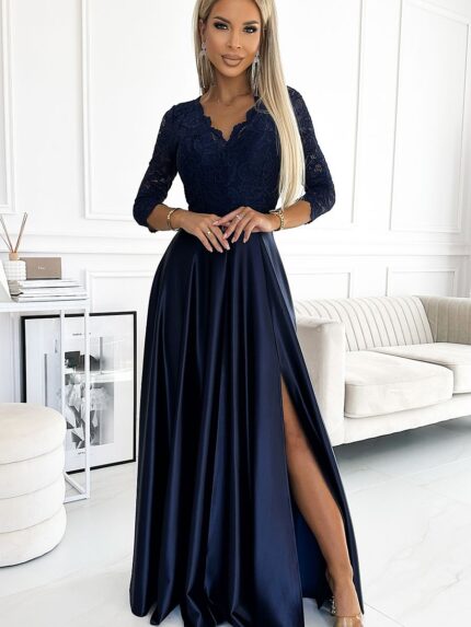 Numoco Elegant Navy Blue Satin Maxi Gown Stunning Lace Detail Polish Design (188119)