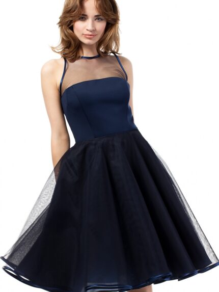 Stunning Fitted Tulle Neckline Evening Gown Flared Layered Skirt Satin Trim (44596)