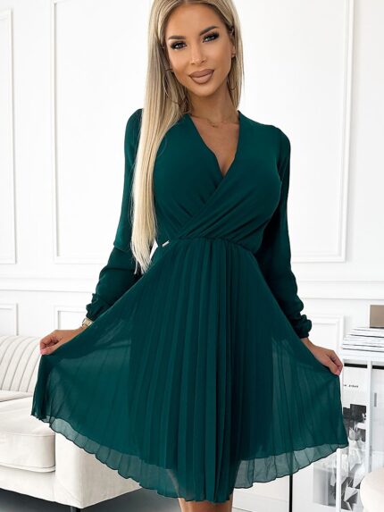 Elegant Bottle Green Chiffon Pleated Dress Long Sleeves Fully Lined Polish Design 189681