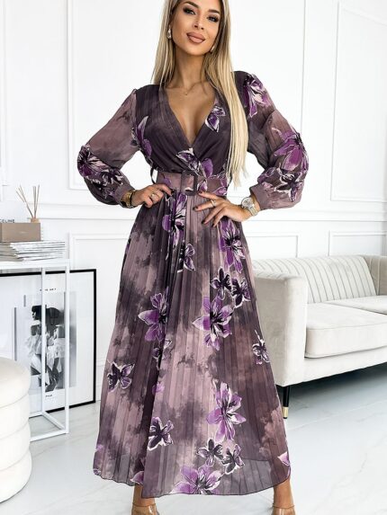 Elegant Purple Floral Chiffon Maxi Dress Long Sleeves Wide Belt European Made (190635)