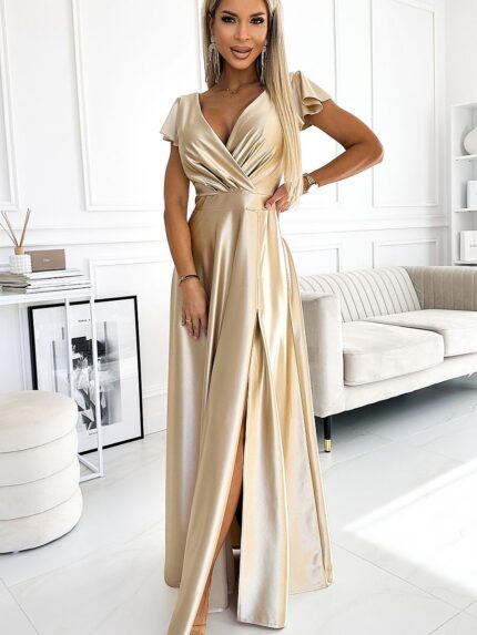 Luxurious Gold Beige Satin Maxi Dress Elegant Envelope Neckline Leg Slit (190638)