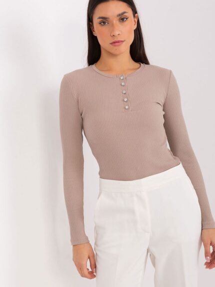 Elegant Striped Cotton Blouse Zircon Button Detail Long Sleeve Fitted
(191847)
