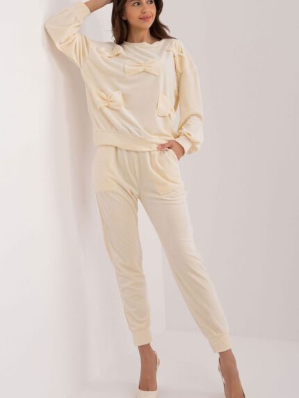 Luxury Velor Sweatshirt Pant Set Cozy Elegant Bow Detail Soft Durable High Waist Casual Style (193495)