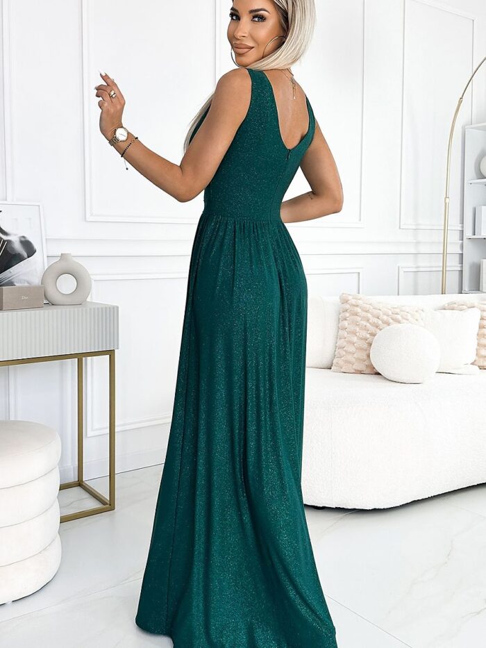 Elegant Green Brocade Long Gown Stunning Neckline Leg Slit  Perfect for Weddings (194298) - Image 2