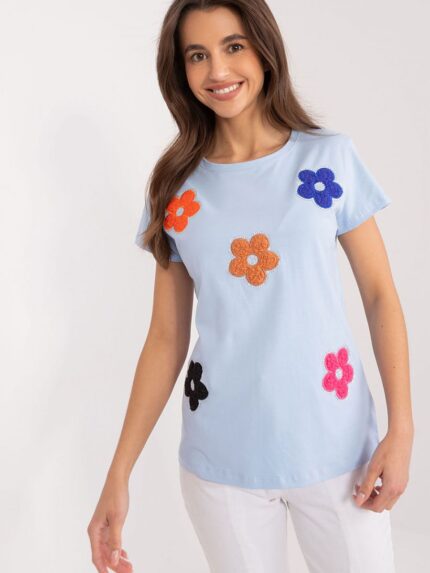 Elegant Summer Cotton Blouse Charming Floral Zircon Detail Short Sleeves (195773)