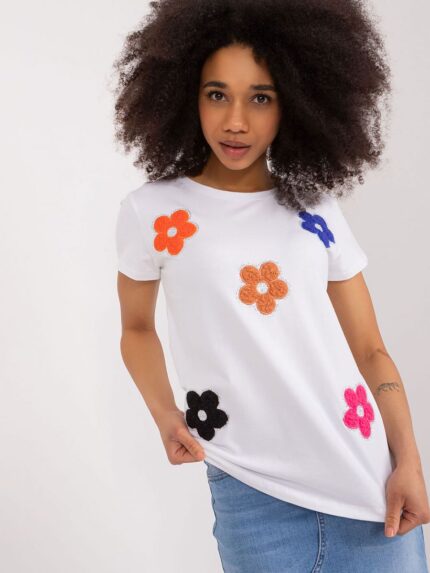 Elegant Summer Cotton Blouse Charming Flower Zircon Detail Short Sleeves (195775)