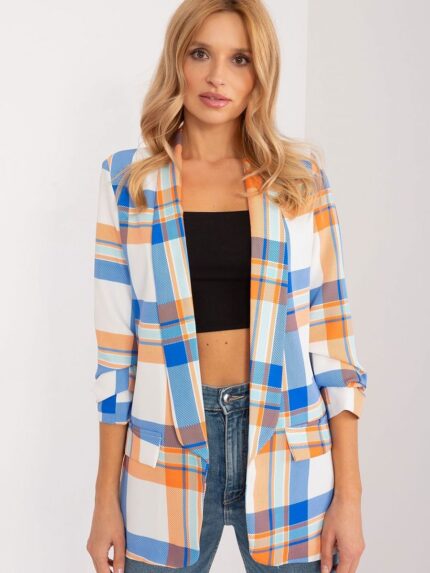 Effortless Chic Womens Summer Blazer Colorful Check Print 34 Sleeves (195954)