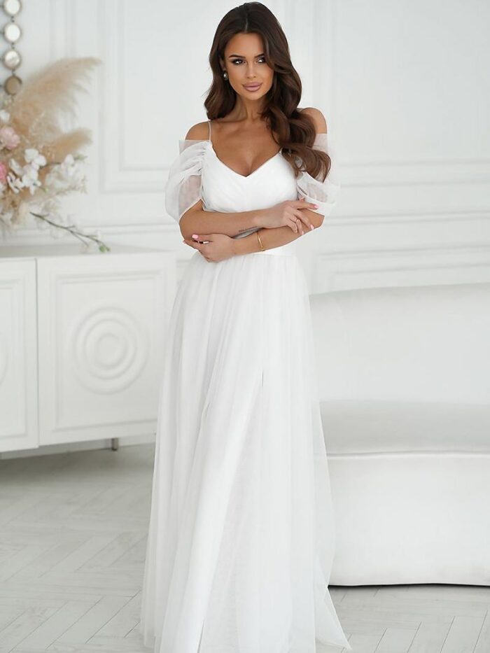 Stunning Spanish Flared Maxi Dress Plunging Tulle Sleeves Satin Belt (196092) lomora.store