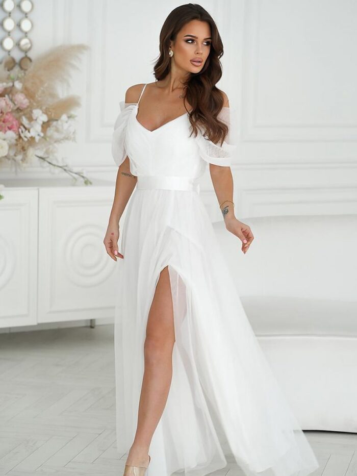 Stunning Spanish Flared Maxi Dress Plunging Tulle Sleeves Satin Belt (196092) lomora.store