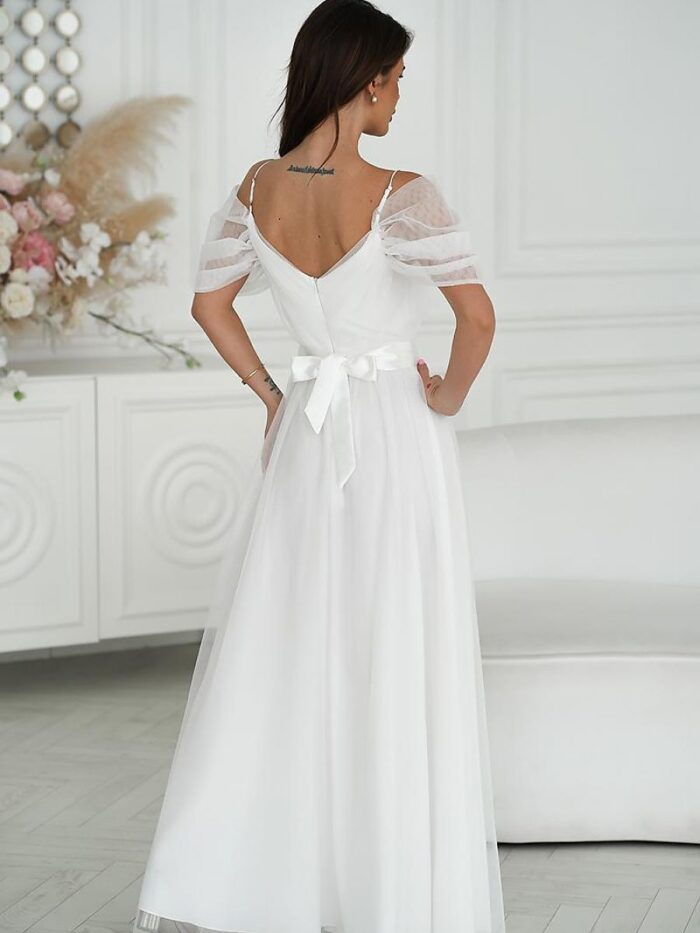 Stunning Spanish Flared Maxi Dress Plunging Tulle Sleeves Satin Belt (196092) lomora.store