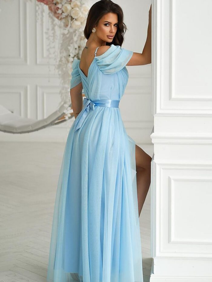 Atemberaubendes spanisches, ausgestelltes Maxikleid, tiefe Tüllärmel, Satingürtel (196093) lomora.store