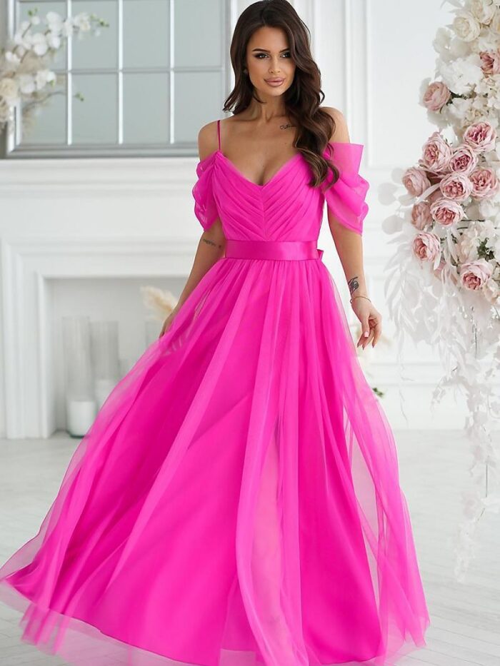 Stunning Spanish Flared Maxi Dress Plunging Tulle Sleeves Satin Belt (196094) lomora.store