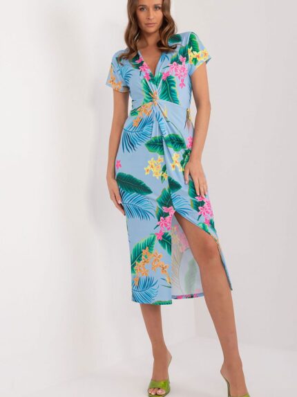 Effortless Chic Midi Pencil Dress Vibrant Print Heart Neckline Versatile Style (196214)