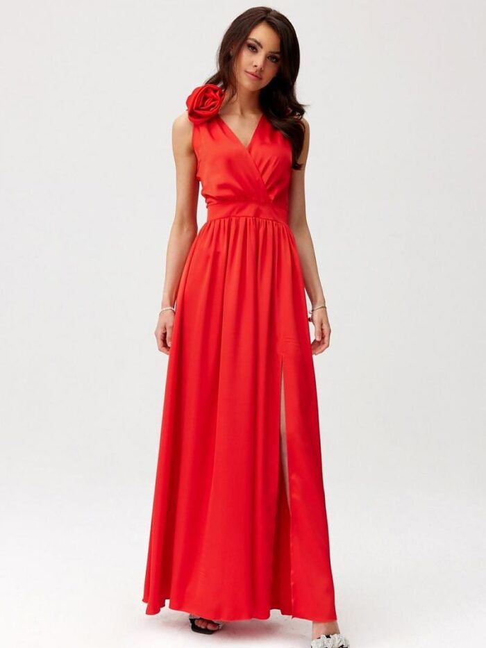 Elegant Paloma Satin Maxi Dress Exquisite Back Cutout Layered Neckline Rose Detail (196268) lomora.store