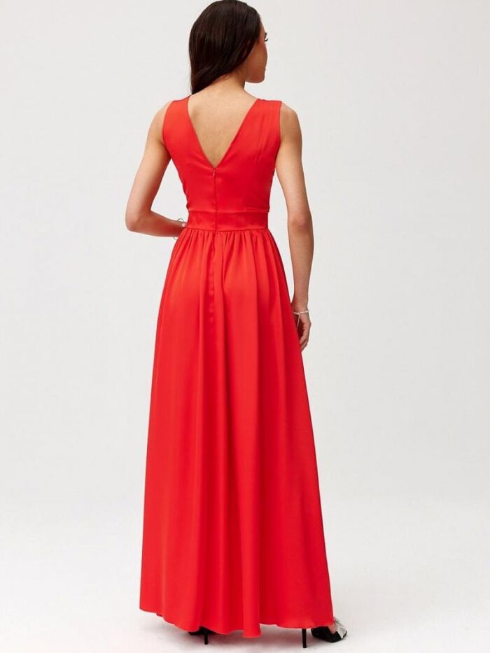 Elegant Paloma Satin Maxi Dress Exquisite Back Cutout Layered Neckline Rose Detail (196268) lomora.store