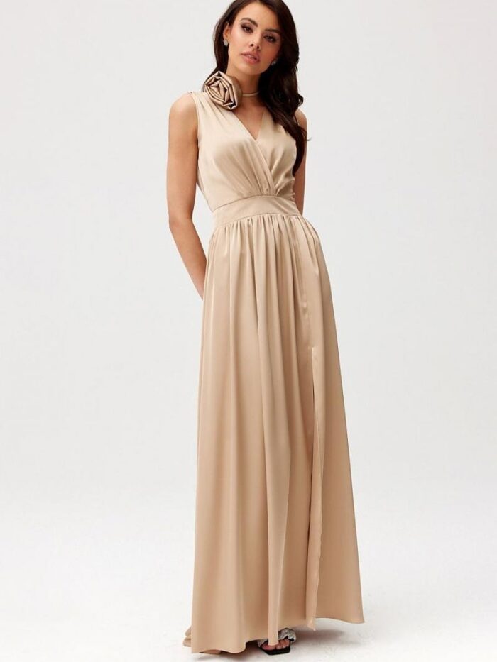 Elegant Paloma Satin Maxi Dress Backless Slit Layered Neckline Rose Detail (196271) lomora.store