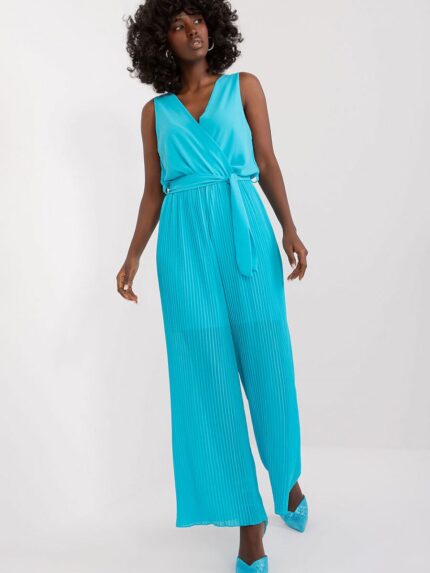 Elegant Sleeveless Pleated Jumpsuit Envelope Neckline Tie Waist Summer Outfit (196372)