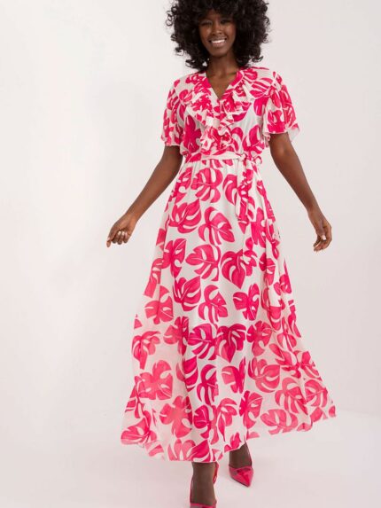 Stunning Summer Maxi Dress Flared Lightweight Polyester Floral Print Ruffled Sleeves Tie Belt (196435)