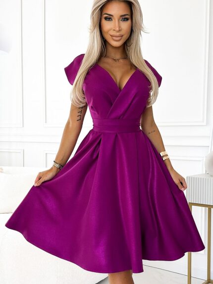 Elegant Fuchsia Brocade Evening Dress Flared Cut Envelope Neckline Perfect for Weddings & Special Occasions (197120)