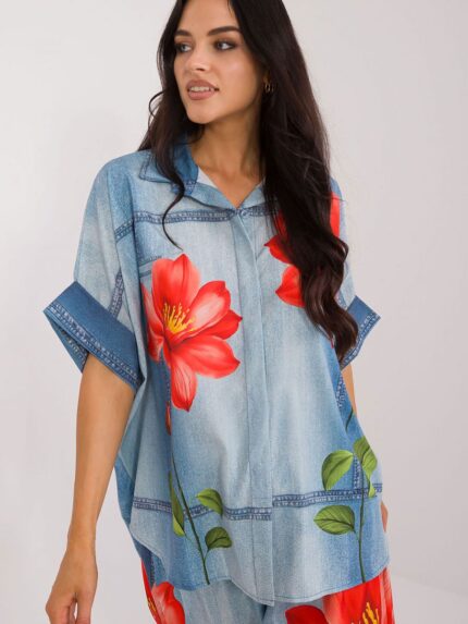 Stylish Viscose Blend Womens Shirt Asymmetrical Hem Colorful Print Breathable Comfort (198386)