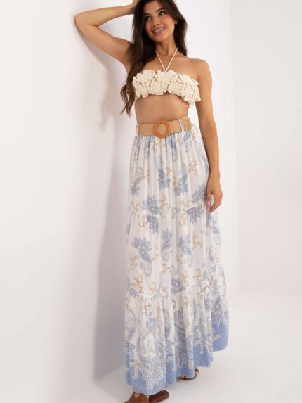 Lightweight Viscose Maxi Skirt Colorful Print Ruffle Hem Buckled Belt Summer Style (198966)