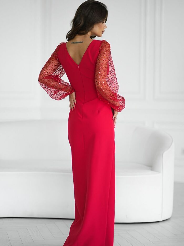 Stunning Sequin Sleeve Bicotone Gown Heart Neckline High Slit (199008) lomora.store