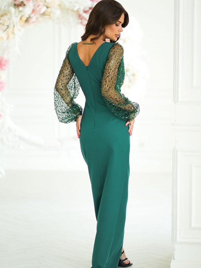 Stunning Sequin Sleeve Bicolor Gown Heart Neckline High Slit Elegant Polyester Blend (199011) lomora.store