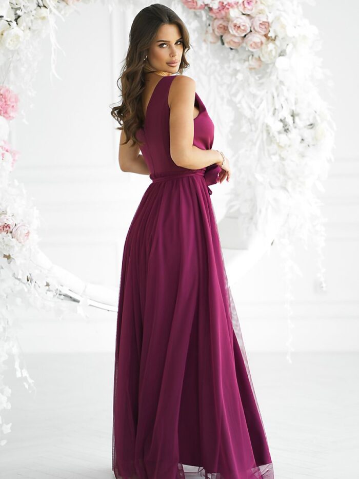 Atemberaubendes Bicotone-Maxikleid, eleganter Schnitt, luftiger Rosengürtel aus Stoff (199327) lomora.store