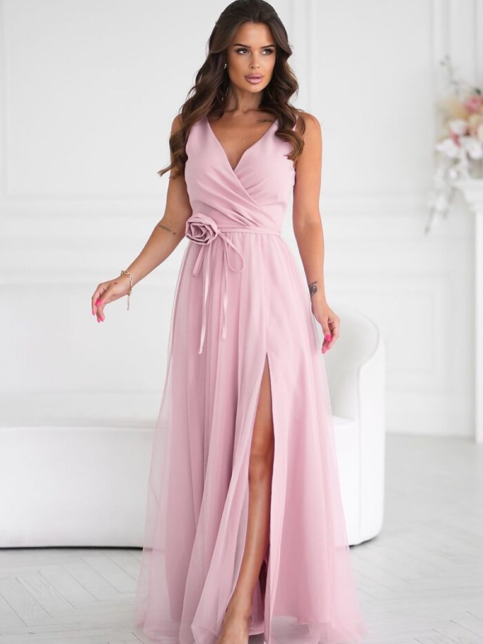 Stunning Bicotone Maxi Dress Elegant Silhouette Rose Belt Detail (199329) lomora.store