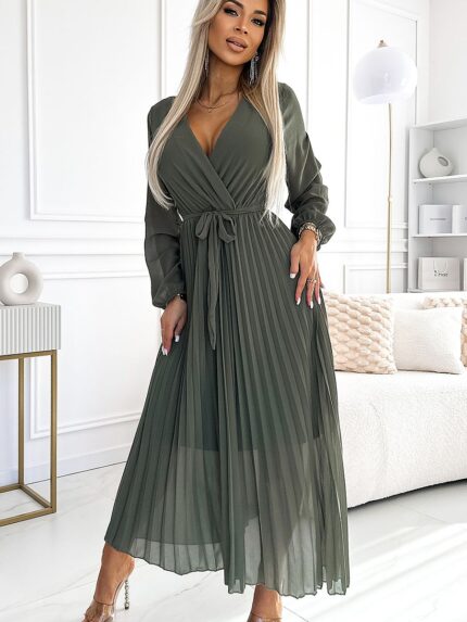 Elegant Khaki Chiffon Wrap Dress Long Sleeves Tied Belt European Made Numoco (199334)