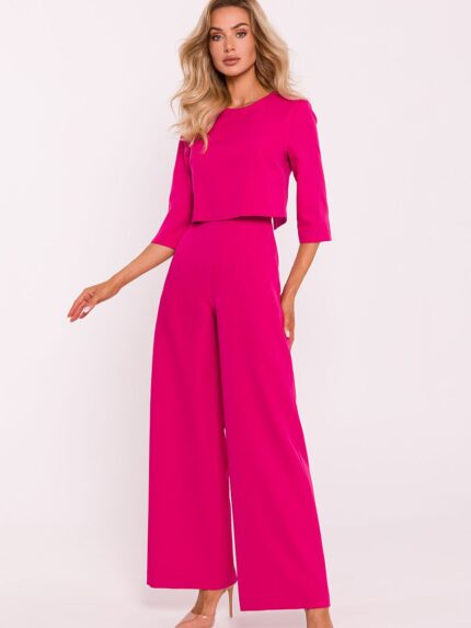 Elegant Polish Wide Leg Jumpsuit Double Layered Top Short Sleeves Side Pockets (199682)