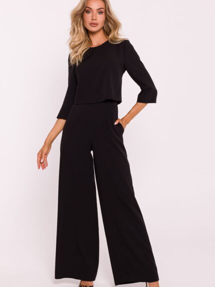 Elegant Polish Made Wide Leg Double Breasted Jumpsuit High Quality Fabric Short Sleeves Side Pockets (199684)