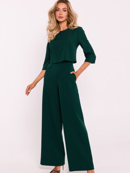 Elegant Polish Made Wide Leg Jumpsuit Double Layered Top Side Pockets (199685)
