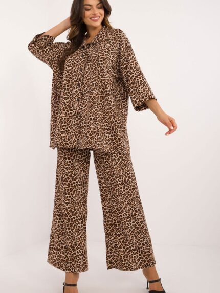 Elegant Animal Print Wide Leg Pants Shirt Set Casual Comfort Style (200217)