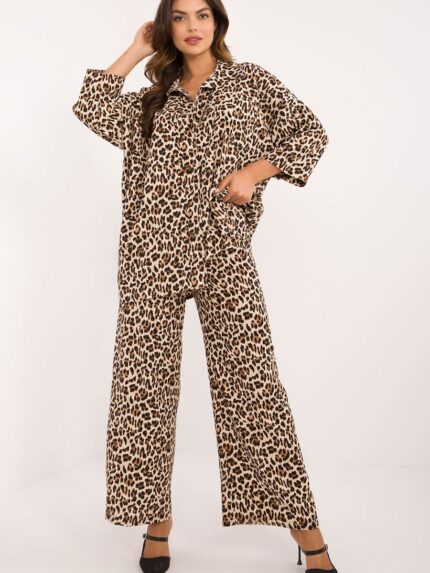 Stylish Animal Print Two Piece Outfit High Waisted Wide Leg Pants Button Shirt (200220)