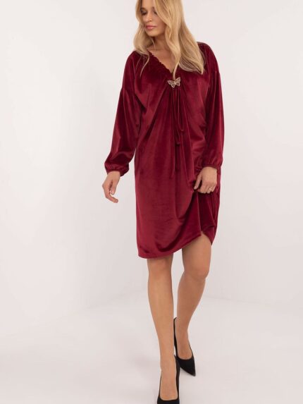 Elegant Velvet Day Dress Long Sleeves Heart Neckline Butterfly Detail Comfortable Stylish (201582)