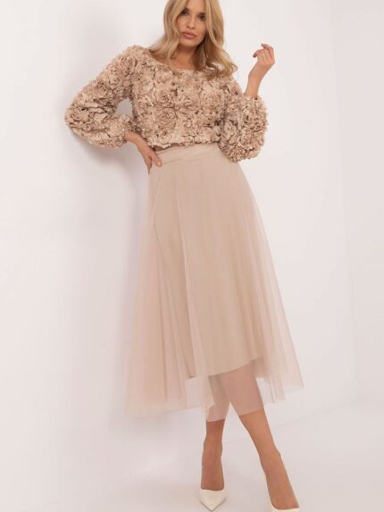 Elegant Flared Tulle Midi Skirt Everyday Wear Event Perfect Casual Style Lightweight Polyester Comfortable Elastic Waistband (201598)