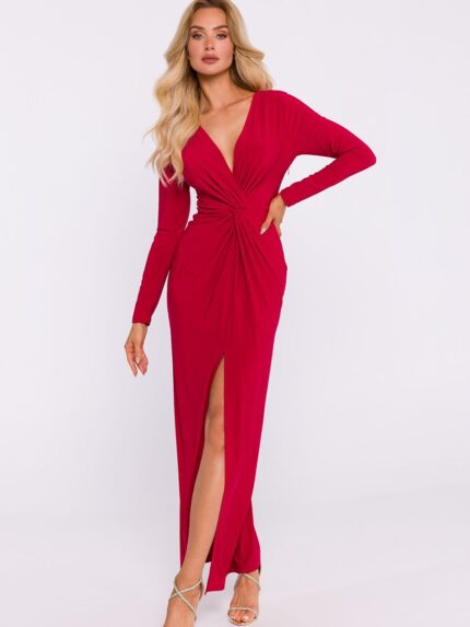 Stunning Polish Knit Maxi Dress Deep V Neck High Slit Long Sleeves (201625)