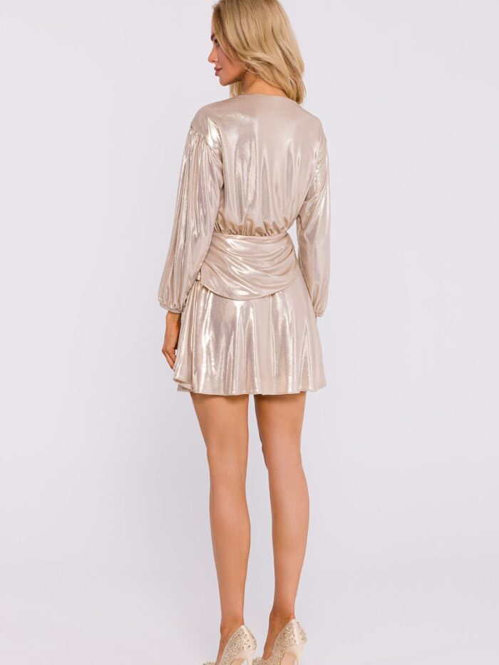 Stunning Knitted Mini Dress Metallic Sheen V-Neck Wide Sleeves Polish Design Comfortable Fit (201649) - Image 3