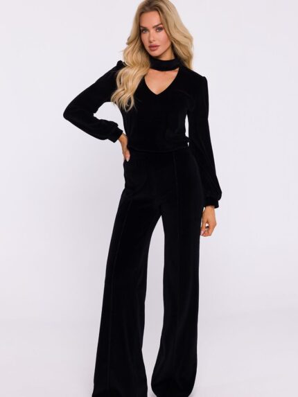 Elegant Polish Velor Knit Wide Leg Trousers  Soft Comfortable Stylish Everyday Wear (201658)