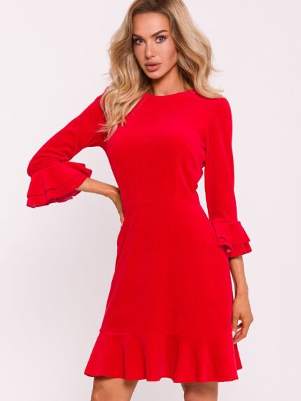 Elegant Velvet Knit Midi Dress Charming Ruffles  Below Knee Length Polish Design (201678)
