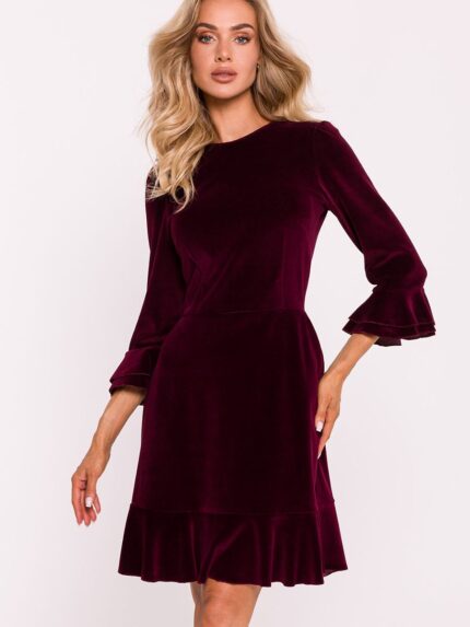 Elegant Velvet Knit Midi Dress Ruffled Sleeves Below Knee Polish Design (201681)