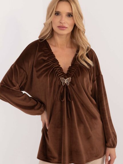 Elegant Velor Blouse Long Sleeve Heart Neckline Casual Versatile Comfortable Luxurious Feel (202018)