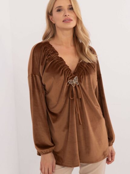 Elegant Velor Blouse Luxurious Creasing Heart Neckline Long Sleeves Comfortable Fit Perfect Everyday Style (202021)