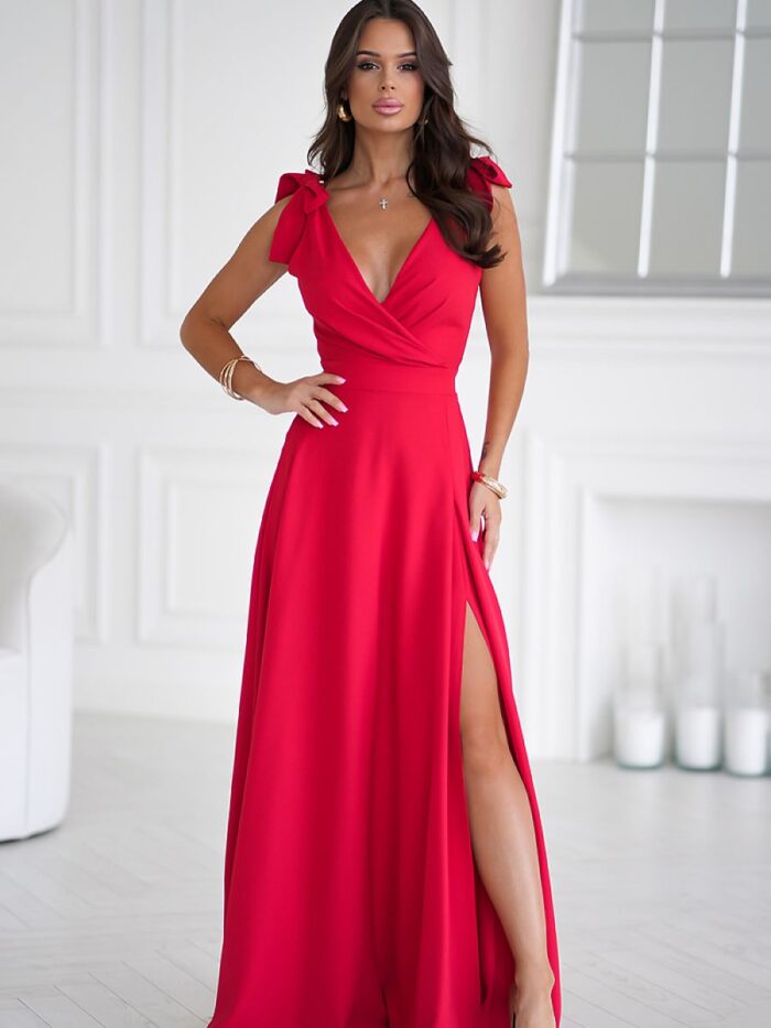 Atemberaubendes langes Bicotone-Kleid mit elegantem Schlitz und verstellbaren Schleifen an den Schultern, perfekt für den Abschlussball, Silvester (202371) lomora.store
