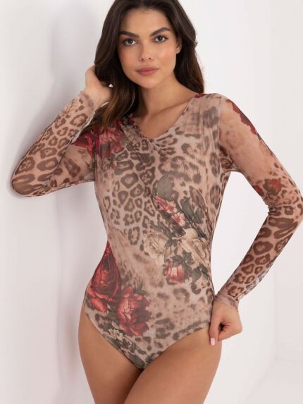 Elegant Floral Animal Print Bodycon Bodysuit Long Sleeve Comfortable Shapewear (202429)
