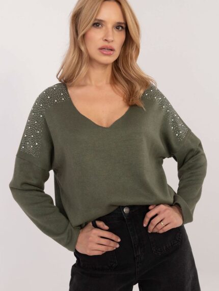 Luxury Viscose Elastane Sweater Chic Rhinestone Detailing Perfect For Work Or Special Occasions (202743)