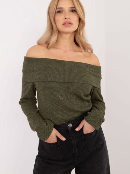 Luxurious Viscose Elastane Sweater Elegant Off Shoulder Ribbed Knit Top (202748)
