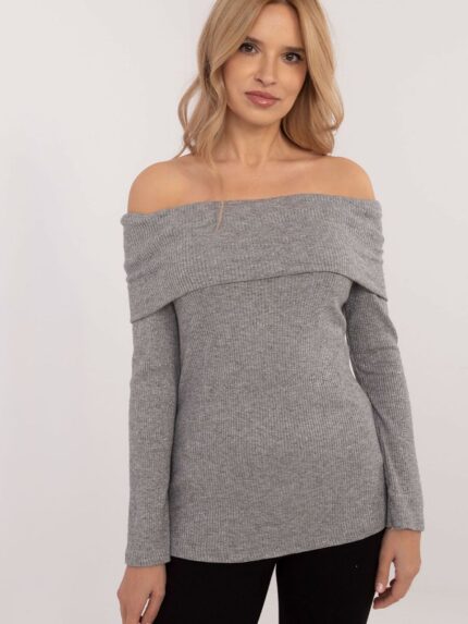 Luxurious Viscose Elastane Off Shoulder Sweater Elegant Ribbed Knit Feminine Style (202751)