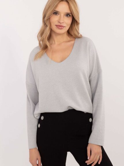 Luxurious Viscose Elastane Sweater Elegant V-Neck Shimmering Knit Top for Women (202839)